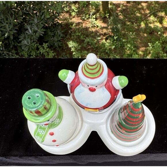 Vintage Christmas Tree, Snowman & Santa Salt & Pepper Toothpick set on tray -C8 - Picture 3 of 12